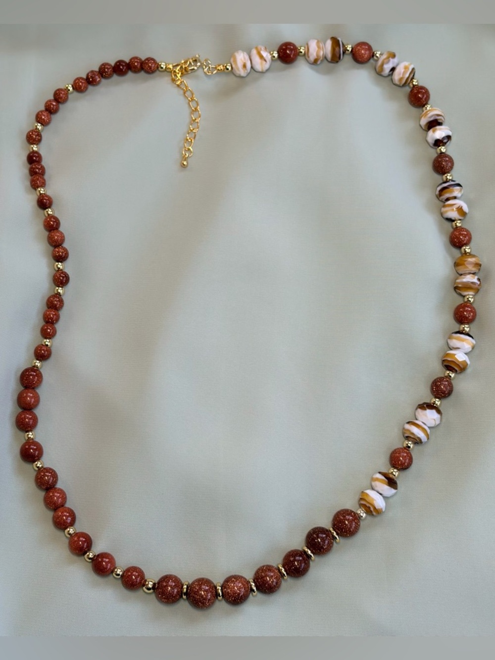 Stunning Necklace for women.Goldstone & brown swirl lampwork beads.25”/64cm GIFT